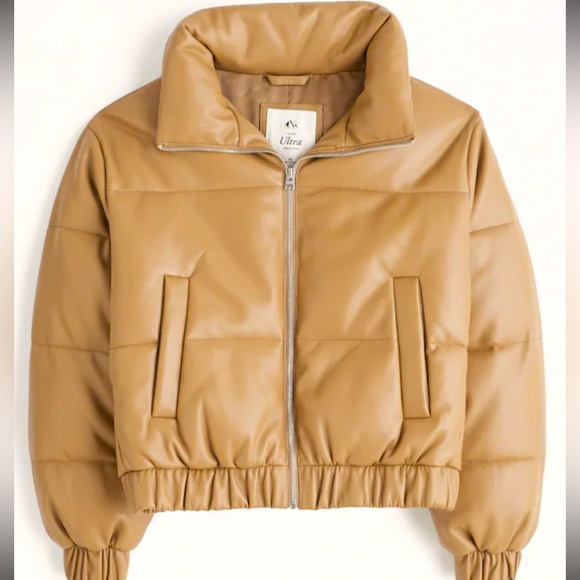 NWT Abercrombie & Fitch Ultra Mini Puffer Camel Vegan Faux Leather Bomber Sz XL - Picture 2 of 13